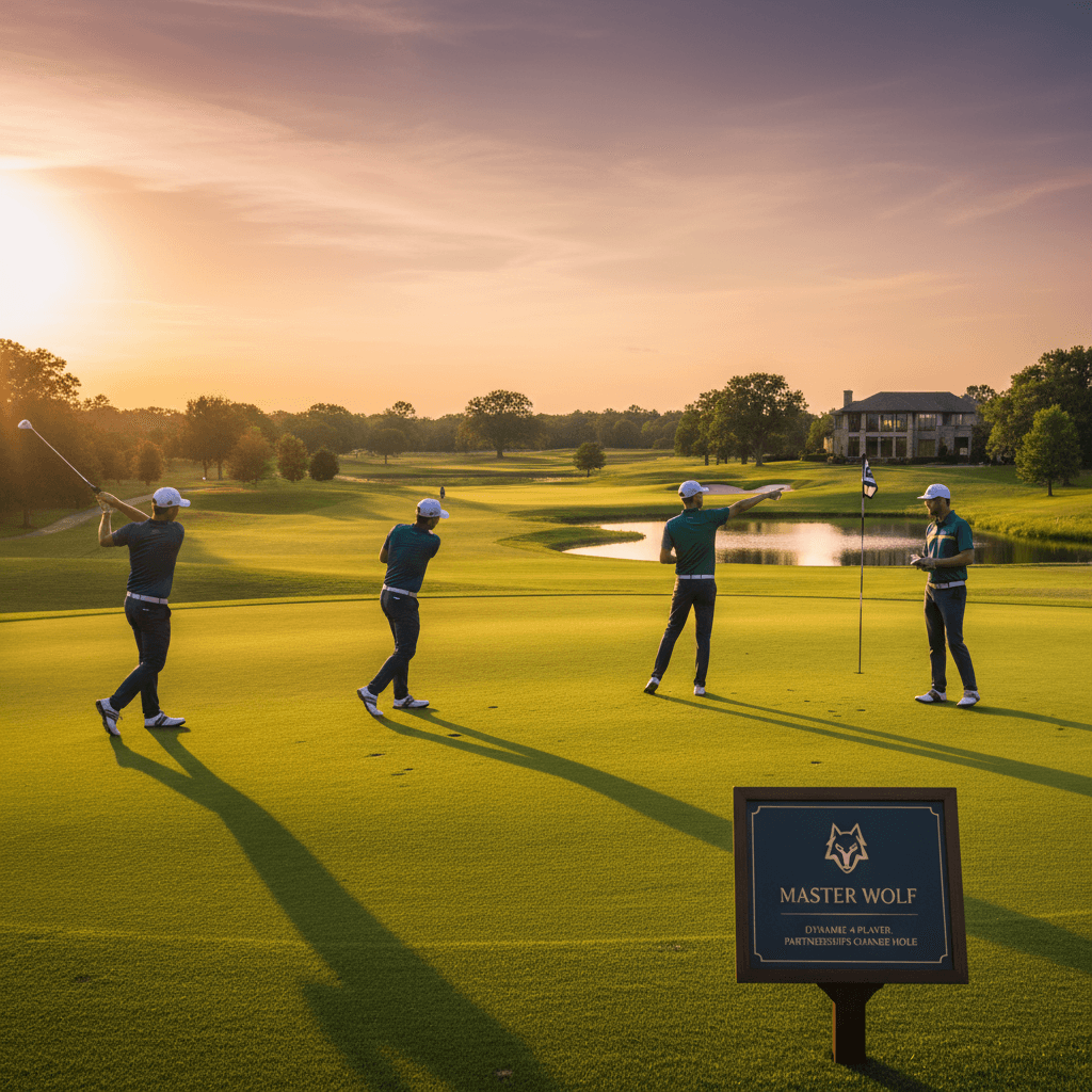 Four golfers on tee box deciding Wolf partnerships